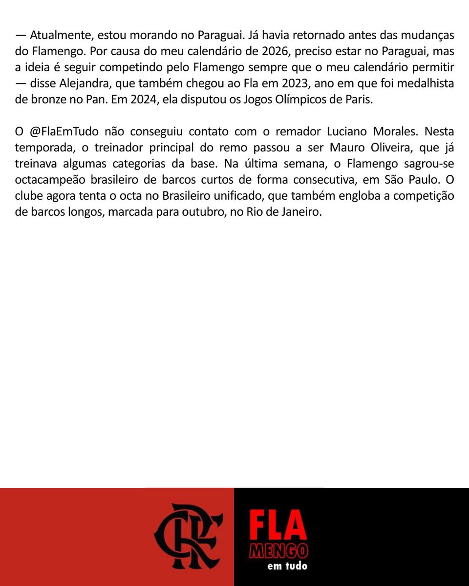 🚣 Campeão mundial de remo em 2025 e atleta olímpico, o uruguaio Felipe Kluver está de saída do Flamengo. 

A decisão foi do próprio remador, após o Fla ter dispensado o técnico Ruben Scarpati, também uruguaio e que é seu treinador há aproximadamente 10 anos.

Matéria nas fotos.