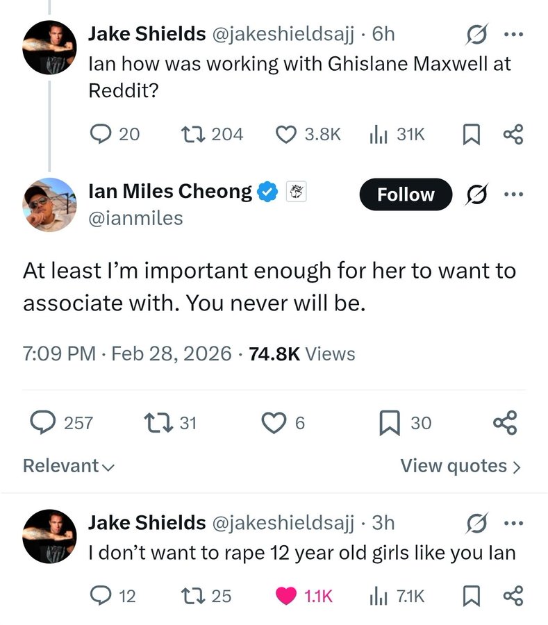 BasedSamParker's tweet photo. CONFIRMED: GHISLAINE MAXWELL PENETRATED REDDIT. Here's the story:

In 2024, I detailed how Ghislaine Maxwell had likely infiltrated Reddit as the anon account u/MaxwellHill, and eventually became "the most influential person on the entire internet."

Later, I connected Ian Miles Cheong to her vast reddit operation, pointing out that they both moderated the same subreddit, r/Politics, from 2008-2012.

However, up until now, Ian had been silent on their arrangement, and Maxwell's reddit psyop was only a compelling theory. 

That changed this weekend: Ian Miles Cheong proudly & defiantly admitted to @jakeshieldsajj that he worked with Ghislaine. But the bigger story is that in doing so, he confirmed the Ghislaine/reddit conspiracy as completely true!

Add to this the fact that Elon Musk has collaborated closely with Ian Miles Cheong on Twitter, boosting him for years, and the plot gets thick fast.

Read the explosive thread below to get caught up. Is reddit really the only platform these parasites have infiltrated to this degree? How many other Epstein-network agents have infiltrated this platform and the rest of social media? Just WTF is going on here?  What say you? 

Follow: @jakeshieldsajj @ShieldsClips