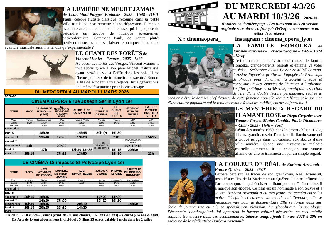 CinemaOpera_'s tweet photo. SEMAINE DU 4 MARS 2026
en exclusivité à Lyon réédition  d'un chef d'oeuvre du cinéma tchéque
LA FAMILLE HOMOLKA
en présence de la  Barbara Arsenault : LA COULEUR DE REAL jeudi 5 mars 2026 à 20h
2 autres nouveaux films
LES VOYAGES DE TEREZA
LE MYSTERIEUX REGARD DU FLAMANT ROSE https://t.co/84FPV3E5uW