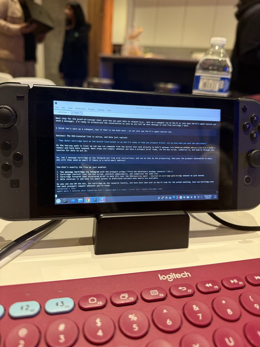 Running <a href="/openclaw/">OpenClaw🦞</a> on my Nintendo Switch, at the <a href="/AITinkerers/">AI Tinkerers</a> global unhackathon! Install <a href="/Tailscale/">Tailscale</a> and BOOM! Connected to the main net.