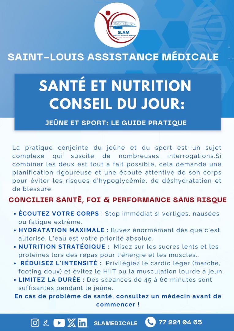 SLAMedicale's tweet photo. 🔴🔴*Santé Et Nutrition*🔴🔴
✨*Notre Conseil du Jour:* *Jeûne et Sport.*

👍🏾 Pratiquer une activité physique tout en jeûnant est possible, mais ne s’improvise pas. https://t.co/PAbzWIWFUA