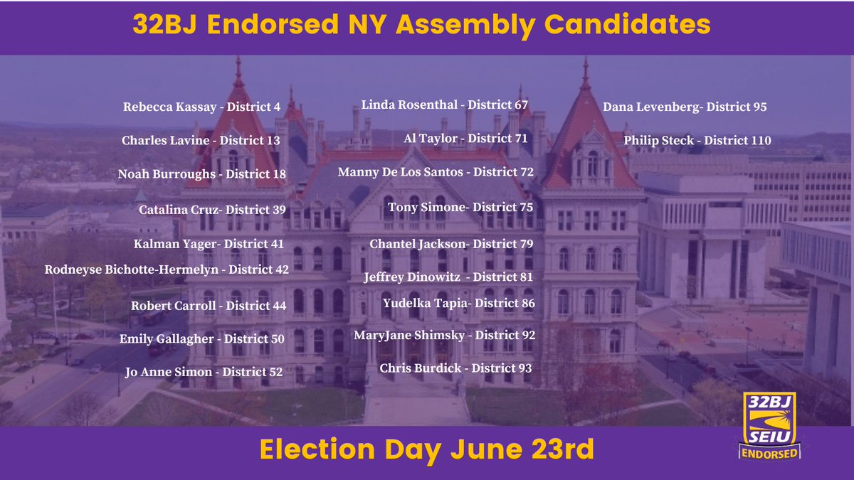 32BJSEIU's tweet photo. We are proud to endorse pro-worker candidates for New York Assembly, State office, and Congress. 

Together, we’re supporting leaders who fight for fair wages, strong communities, and dignity on the job. #32BJVotes https://t.co/5dOZPnRlcL