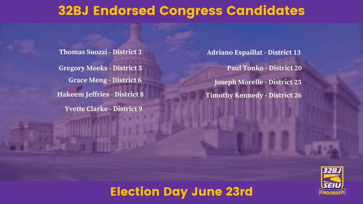 32BJSEIU's tweet photo. We are proud to endorse pro-worker candidates for New York Assembly, State office, and Congress. 

Together, we’re supporting leaders who fight for fair wages, strong communities, and dignity on the job. #32BJVotes https://t.co/5dOZPnRlcL