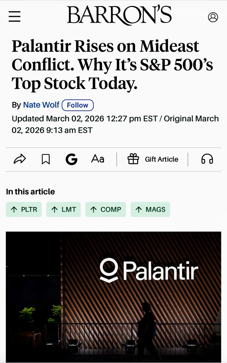 While Palantir leads the S&amp;P 500 today, a fundamental shift is becoming apparent: in times of geopolitical escalation, the most critical technology of our era—AI—can no longer remain neutral.

Alex Karp recognized this early on and has consistently positioned Palantir as the