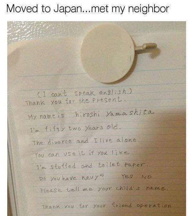 「君は友達か？」日本人男性が隣人に送った“Operation Friend”の手紙に世界がほっこり！「最高にキュートだ」