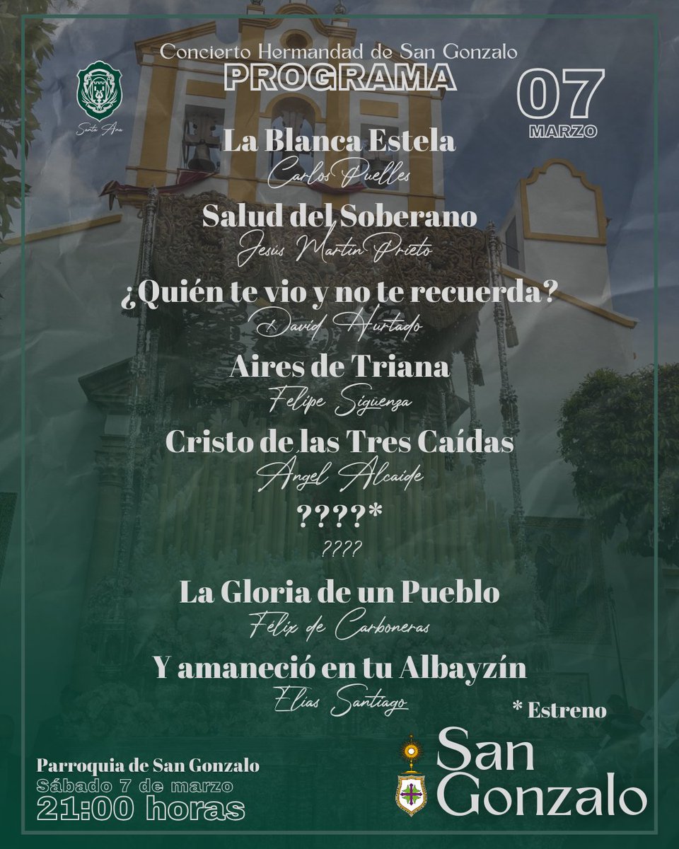 ✏️ Papel y boli que este sábado tenemos conciertazo en nuestra <a href="/HdadSanGonzalo/">Hermandad de San Gonzalo</a>.

La música del Barrio León y Triana y algunas de las últimas incorporaciones al #Repertorio26 ✅

❗ Ah y que no se nos olvide... un señor 𝙀𝙎𝙏𝙍𝙀𝙉𝙊. ¿Nos acompañáis?