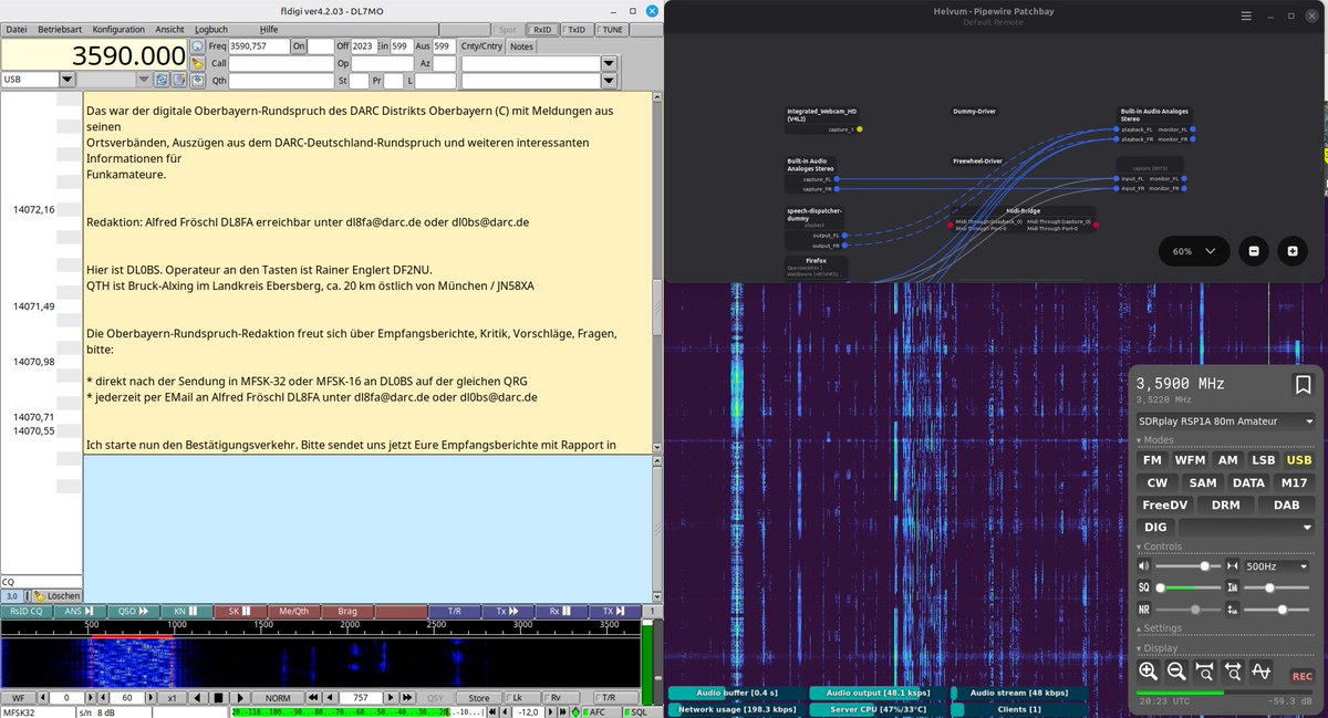 dl7mo's tweet photo. Heard about the digital #hamradio bulletin of District Oberbayern from @dd0ul and tried to receive it in JO62 today. Forwarded the audio of my #OpenWebRX into #fldigi and successfully decoded the MFSK-32 signal. #Amateurfunk https://t.co/fKjMvaJyjr
