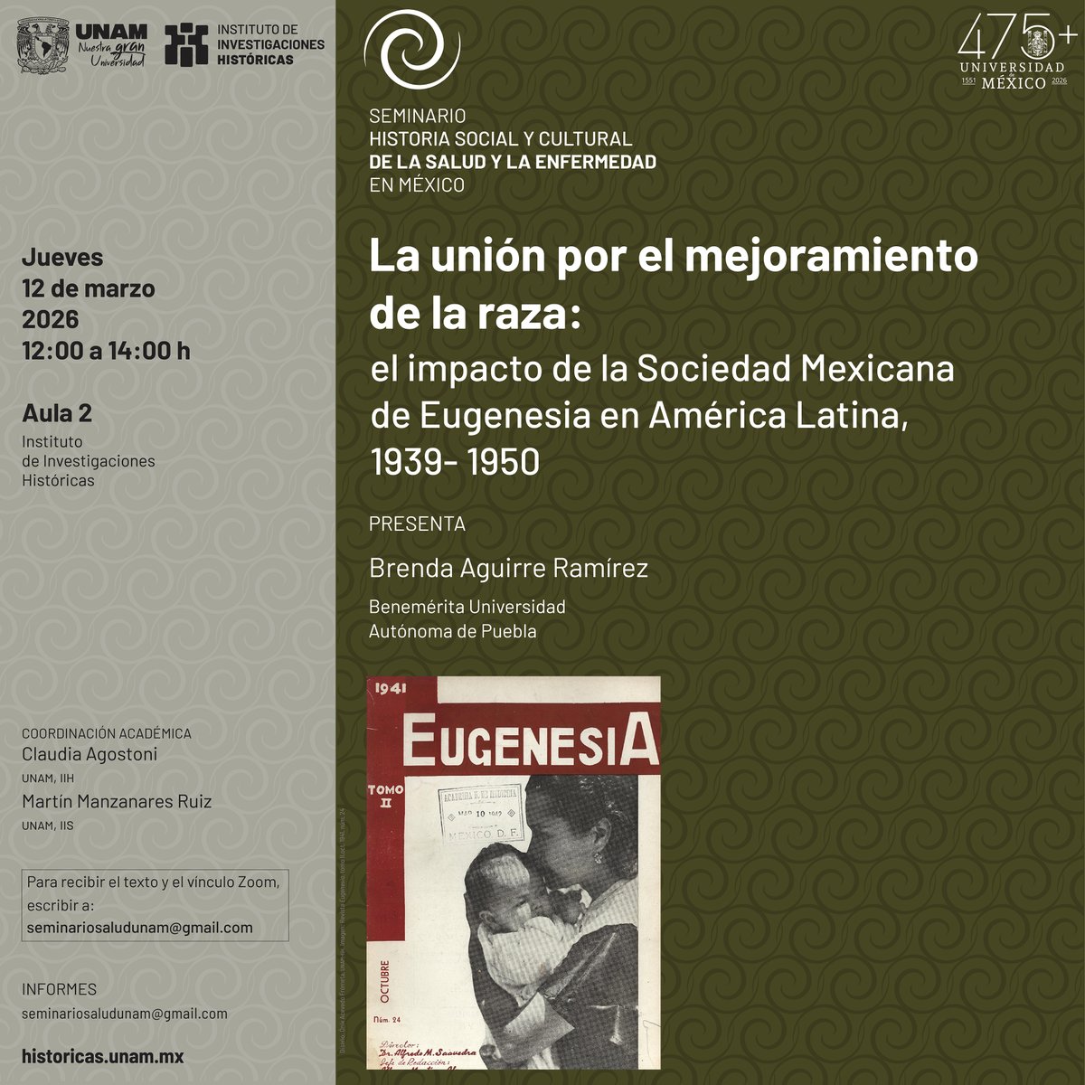 UNAM_Historicas's tweet photo. Les invitamos a la próxima sesión del seminario Historia Social y Cultural de la Salud y la Enfermedad en México, que se llevará a cabo el jueves 12 de marzo en el Aula 2. 

Para recibir el texto y el vínculo Zoom, escribe a: seminariosaludunam@gmail.com
https://t.co/4F9fDDq5im https://t.co/6WVx7sZ4kJ