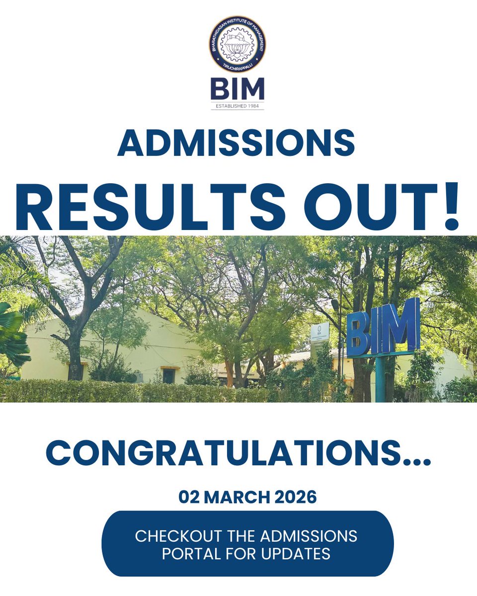 The wait is over. Results are out! 

Congratulations to everyone who made it to BIM, a journey of growth, learning, and opportunities awaits.

See you on campus soon. 
#BIMTrichy #Admissions2026 #ResultsOut