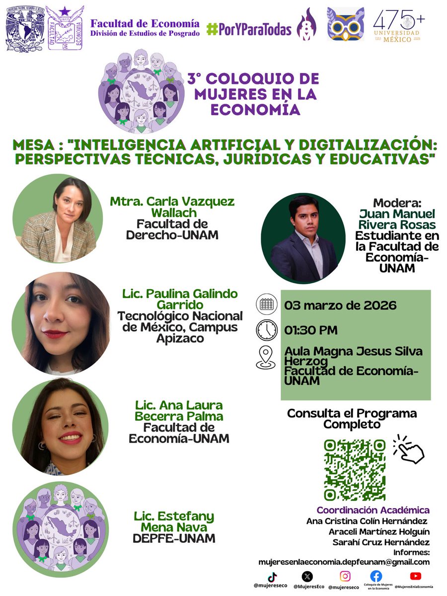 FEconomiaUNAMof's tweet photo. 📢 ¡3° Coloquio de Mujeres en la Economía! 💜✨
Jornada de reflexión, análisis y propuestas con destacadas expertas y académicas. Un espacio dedicado a visibilizar el papel de las mujeres en las dinámicas económicas, sociales y ambientales
#MujeresEnLaEconomía #EconomíaFeminista https://t.co/2geF1OQeJm