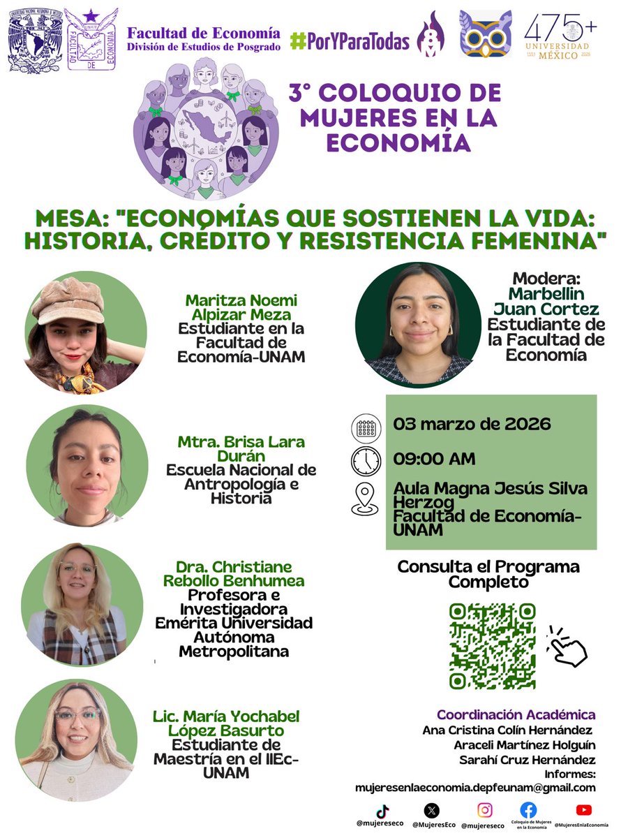FEconomiaUNAMof's tweet photo. 📢 ¡3° Coloquio de Mujeres en la Economía! 💜✨
Jornada de reflexión, análisis y propuestas con destacadas expertas y académicas. Un espacio dedicado a visibilizar el papel de las mujeres en las dinámicas económicas, sociales y ambientales
#MujeresEnLaEconomía #EconomíaFeminista https://t.co/2geF1OQeJm