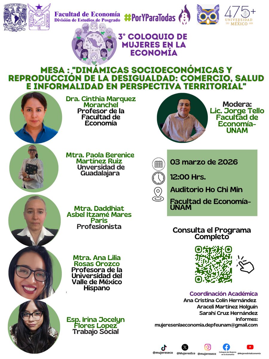 FEconomiaUNAMof's tweet photo. 📢 ¡3° Coloquio de Mujeres en la Economía! 💜✨
Jornada de reflexión, análisis y propuestas con destacadas expertas y académicas. Un espacio dedicado a visibilizar el papel de las mujeres en las dinámicas económicas, sociales y ambientales
#MujeresEnLaEconomía #EconomíaFeminista https://t.co/2geF1OQeJm