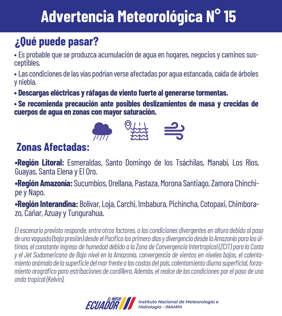 inamhi_ec's tweet photo. #AdvertenciaMeteorológica #15 | ⚠️🌦️⛈️ Entre la tarde del 2  hasta la mañana del 6 de marzo, se fortalecerán las lluvias y tormentas en el Litoral y estribaciones de cordillera occidental. También, la Sierra y Amazonía principalmente desde el miércoles 4 marzo. Más información👇 https://t.co/9gGysKtSTy