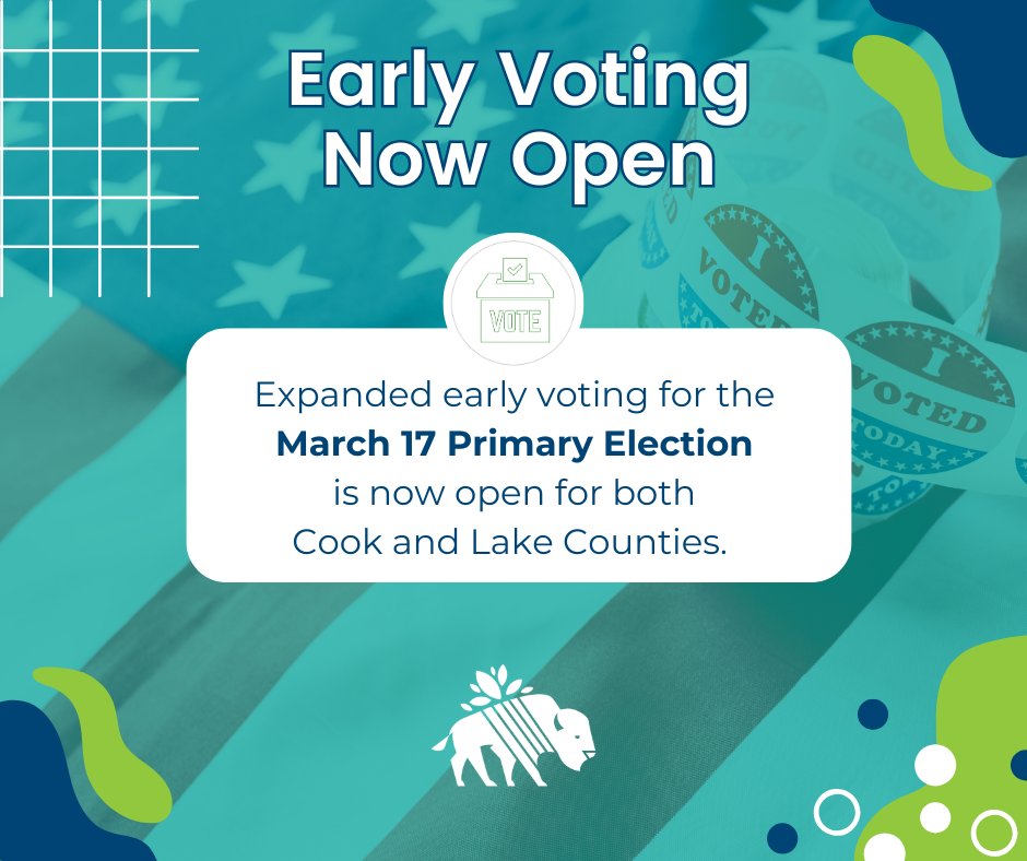Vote-by-mail and early voting is now open for the March 17 Primary Election.  🗳️🇺🇸

Find voter information and resources by visiting the website for your respective county clerk.

➡️ Cook County Clerk: cookcountyclerkil.gov/elections
➡️ Lake County Clerk: bit.ly/46oIzRQ