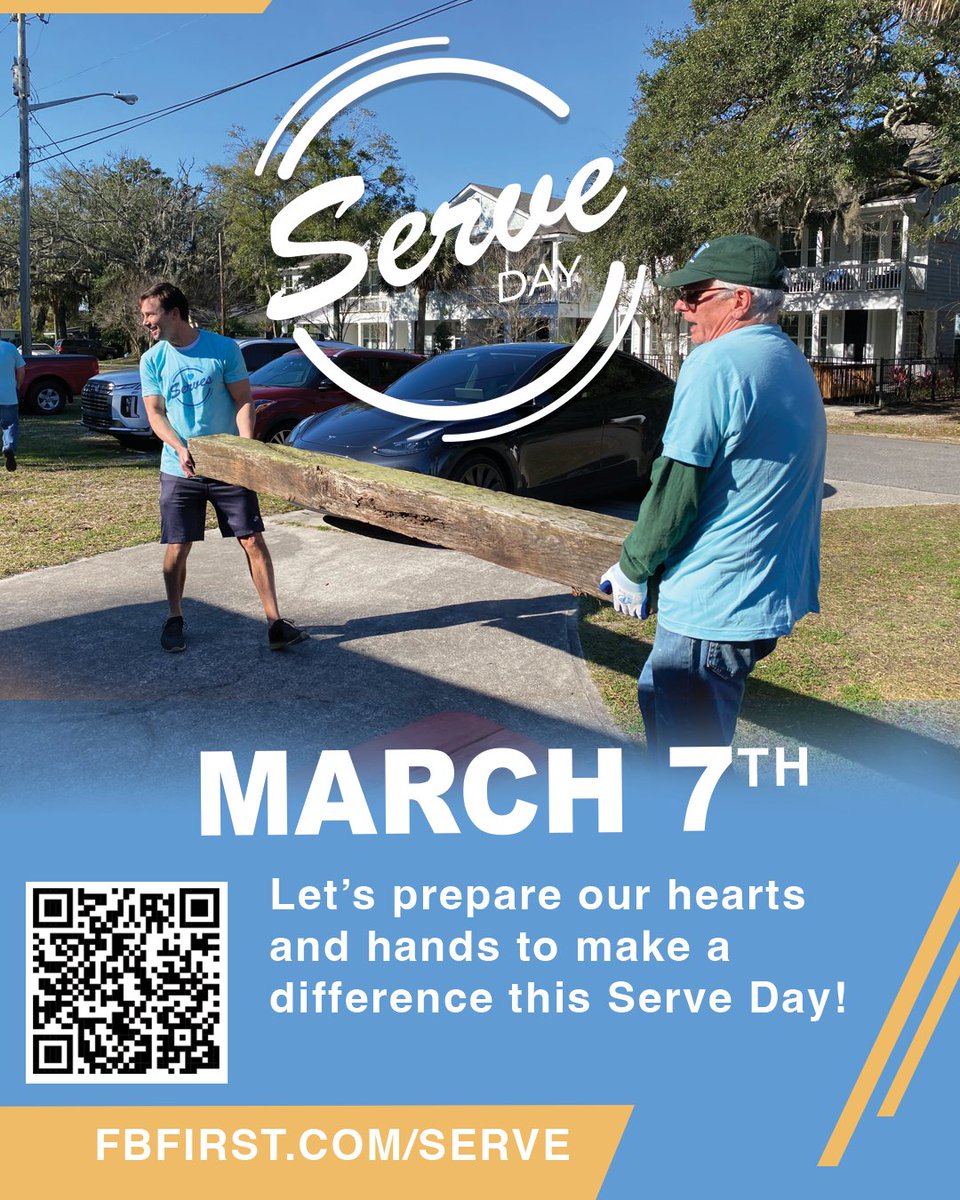 FBFernandina's tweet image. 💛 Serve Day – March 7 | 9AM
Let’s make a difference together! Join us this Saturday as we head out to serve our community with love and purpose.

Register/Sign up at fbfirst.com/serve.

Serve Day shirts will be available.
Let’s go serve!

#FBFirst