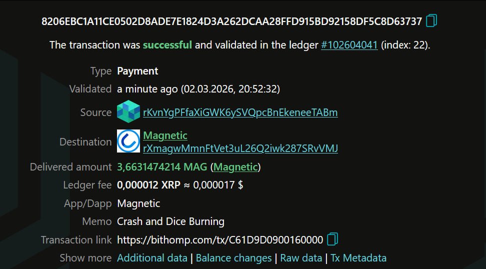 MagneticXRPL's tweet photo. 🟢Burning $MAG worth 3600$ from Dice and Crash

1% of each dice game goes to buy back and burn MAG! 
Today we burned another 3.66 MAG (~3,600$)
Transaction: https://t.co/zI8jTsO6ca

Crash: https://t.co/0lsQflYTcr https://t.co/5MywmpPJSM