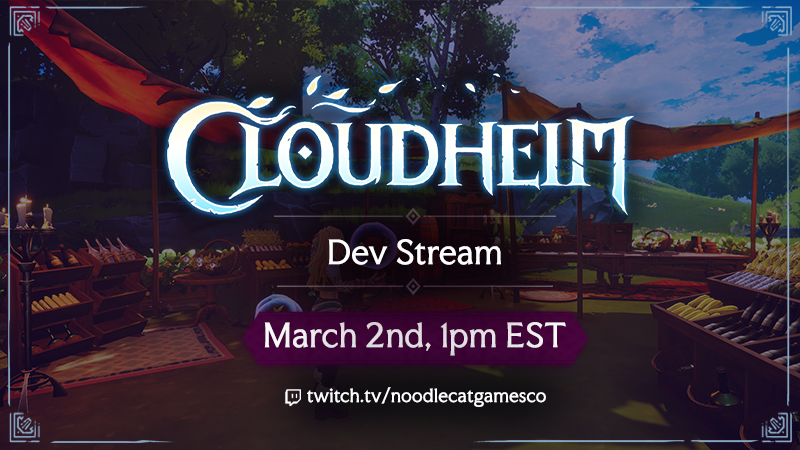 noodlecatgameco's tweet photo. Our first dev stream will be tomorrow, March 3, at 4:00 PM EST!! 

We'll be sharing some sneak previews of the Haven Update (there is sooo so much to show off), chatting with some devs, and playing Cloudheim! https://t.co/hBMD18ASYm