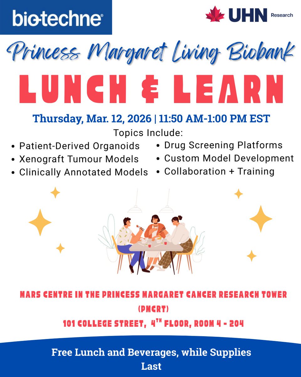 The Princess Margaret Living Biobank (PMLB) and Bio-Techne teams are excited to share an upcoming lunch and learn on Thursday, March 12th, from 11:50 AM to 1:00 PM EST.

Location: PMCRT at the MaRS Centre, 4th floor room 4‑204.

Register here: forms.office.com/pages/response…