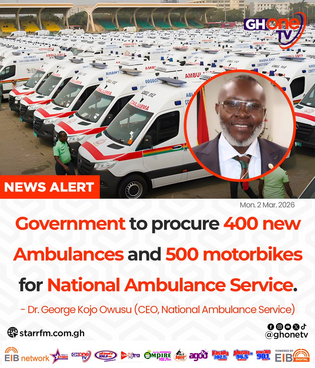 Government to procure 400 new ambulances... - Dr. George Kojo Owusu (CEO, National Ambulance Service)

#GHOneNews #EIBNetwork 
#GHOneTV #NewsAlert