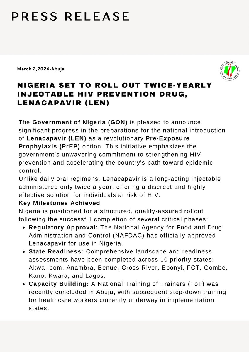 NACANigeria's tweet photo. Major Milestone in HIV Prevention! 🇳🇬

The Government of Nigeria, through NACA, is set to introduce Lenacapavir (LEN) the twice-yearly injectable PrEP.

✅ NAFDAC Approved

✅ 10 Priority States Ready

✅ First Batch Arriving March 2026
#NACA #HIVPrevention #PrEP  #publichealth https://t.co/Wf82HLkAXA