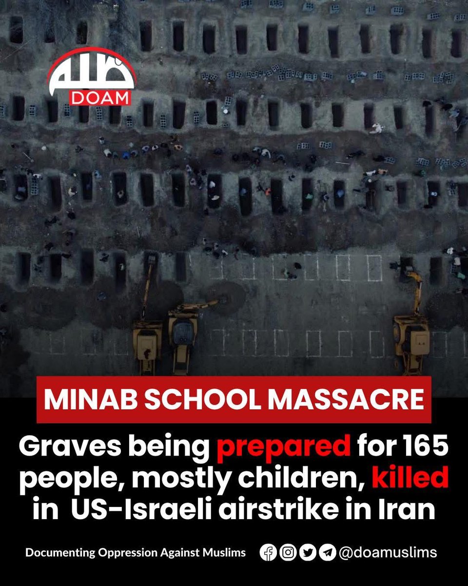 junmacarambon's tweet photo. Graves being prepared for 165 people, mostly children, killed in US-Israeli airstrike on Shajareh Tayyebeh girls’ primary school in the Iranian city of Minab. 

The victims are mostly girls aged 7–12. https://t.co/tAJBR39TJK