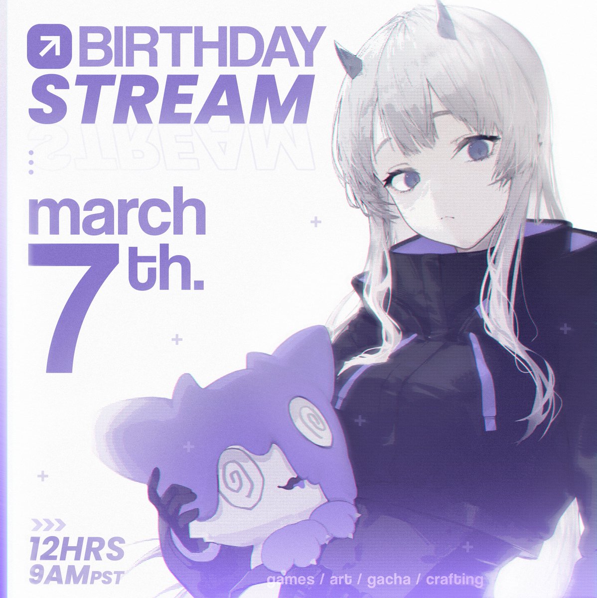 attempting a 12hr stream for my birthday this year - i have lots of things planned! + a little present for you!!😈 

› march 7th  
›› 9 am pst 

x — twitch.tv/uyuart ！？