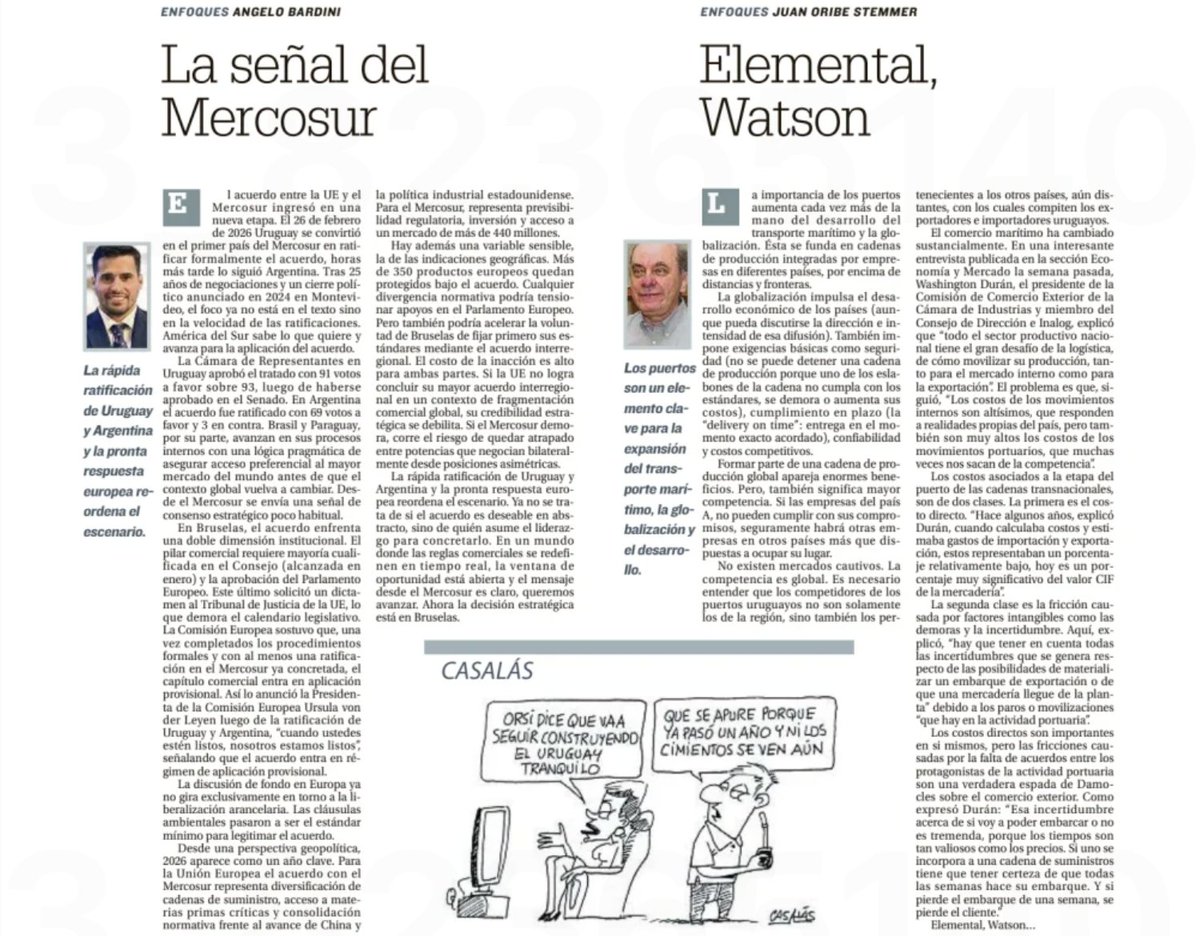 Acuerdo Mercosur-UE

Comparto la columna de opinión que escribí para <a href="/elpaisuy/">EL PAÍS</a> sobre la aplicación provisional del acuerdo y la importancia del mismo. "Ahora la decisión estratégica está en Bruselas"

Leer: elpais.com.uy/opinion/column…

Muchas gracias <a href="/maguirreh/">martin aguirre</a> por el espacio.