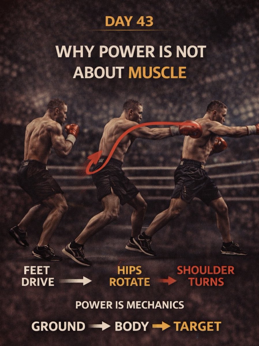YuryIak's tweet photo. Day 43 — Why power isn’t about muscle
Big arms don’t mean big punches.
Power starts from the ground.
Feet drive. Hips rotate. Shoulder turns.
Force travels through the body — not just the arm.
In boxing, mechanics > muscle.
#BoxingScience #PunchingPower https://t.co/T9ViYGZ4uv