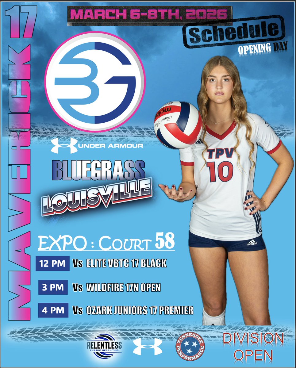 TaylorC2027's tweet photo. Bluegrass Opening Day Schedule this Friday March 6th.  Every game counts and a chance to excel in this sport. 
#17Maverick 
@SoConSports @ASUNSports @SEC @bigten @Big12Conference @SunBelt @American_Conf @theACC @JAX_Volleyball @FAUVolleyball @FGCU_VB @WMTribeVB @ETSUVolleyball @GoMocsVB @DukeVB @AppStateVB @NCAAVolleyball @PrepDig @usavolleyball @SFA_Volleyball @TulsaVolleyball @MeanGreenVB @ACU_Volleyball @TexasStateVball @RazorbackVB @CanesVB