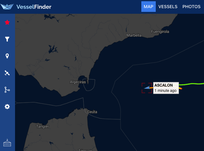 RFNOSBlog's tweet image. The vessel #ASCALON (IMO 9198226) is currently reported in the West Mediterranean. Between 13:10 UTC and 17:40 UTC, the ship reversed course and maintained an average speed of approximately 5 knots, holding position roughly 40 nautical miles from the #StraitofGibraltar.

The