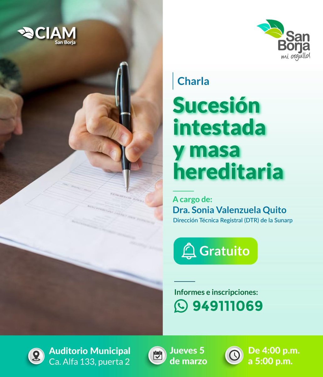 MunideSanBorja's tweet image. 👵✅ El CIAM San Borja te invita a participar en la charla #gratuita “Sucesión intestada y masa hereditaria”.
Una oportunidad para conocer el procedimiento legal y recibir orientación especializada de la Dra.Valenzuela, representante de la Dirección Técnica Registral de la Sunarp