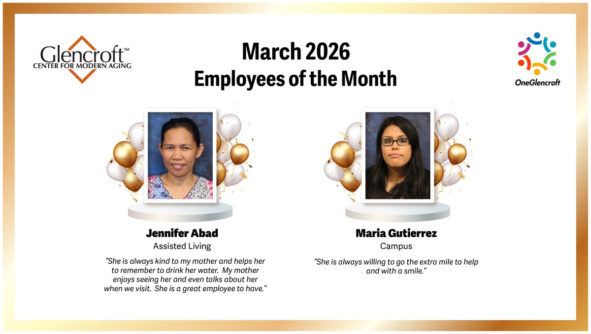 glencroftCFMA's tweet photo. 🎉 March Employees of the Month 🎉
Please join us in congratulating Jennifer Abad from Assisted Living and Maria Gutierrez from Campus! 🌟
Thank you both for your dedication, hard work, and the positive impact you make every day at Glencroft. We’re proud to celebrate you! 👏💙 https://t.co/iBrufn8ULP