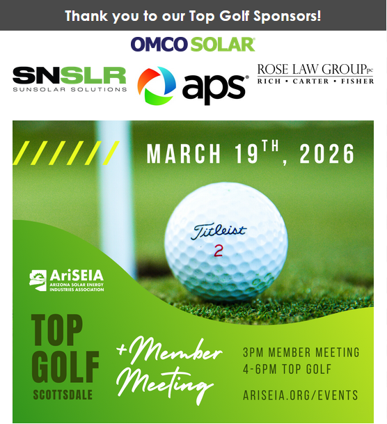 AriSEIA's tweet photo. Have you registered for AriSEIA's spring Top Golf event yet? Spots are limited! Come support AriSEIA while having fun and meeting with the clean energy community and AZ lawmakers. Register here: https://t.co/vrxMHOPlJL #solar #ariseia #topgolf #energy https://t.co/tWWjqcyLjB