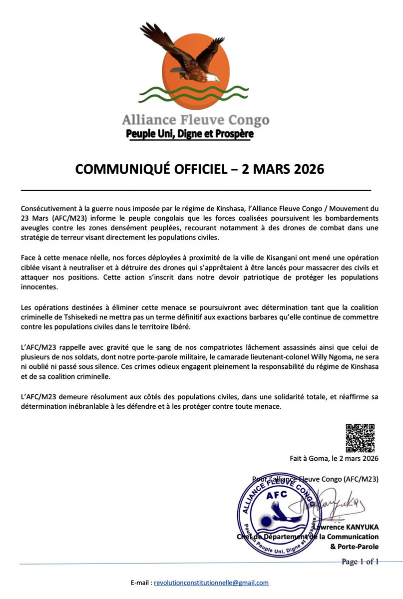 M23_ARC's tweet photo. COMMUNIQUÉ OFFICIEL DE L’ALLIANCE FLEUVE CONGO  / MOUVEMENT DU 23 MARS (AFC/M23) DU 2 MARS 2026 ⤵️ https://t.co/cJUSAMenYs