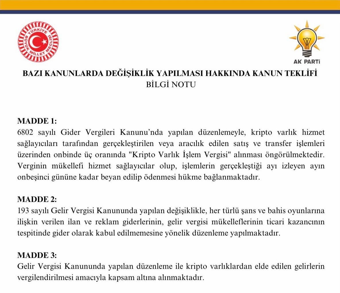 TBMMye sunulan teklife göre kripto satış ve transfer işlemlerine on binde 3 işlem vergisi😅platformlarda elde edilen kazançlara ise %10 stopaj planlanıyor
Piyasa gelişsin derken vergi makinesi yine çalışmaya başladı Görünen o ki krptoda da kazançtan önce kesinti dönemi başlyor🤌
