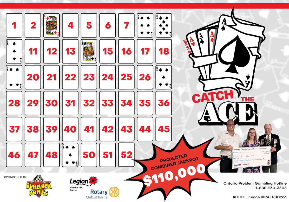 $110,000 COULD BE WON THIS WEEK!

Mike &amp; Linda won $6,646 in Week 8.

They did not reveal the Ace of Spades.

That means the combined payout for finding the Ace is now approaching $110,000.

Tickets are $5 at barriecatchtheace.ca

AGCO Licence: RAF1510263