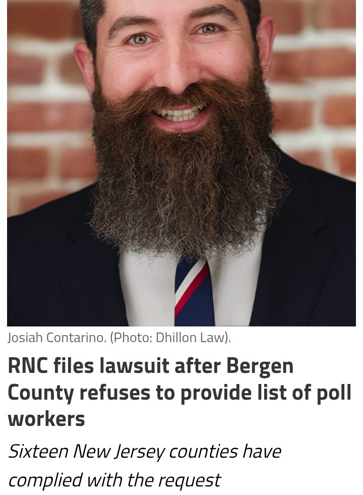 The RNC filed a lawsuit that the Bergen County Board of Elections illegally rejected an open public records request seeking a list of poll workers assigned to early voting sites and Election Day

Poll workers are supposed to be equal, Rs/Ds, that would be interesting data🧐