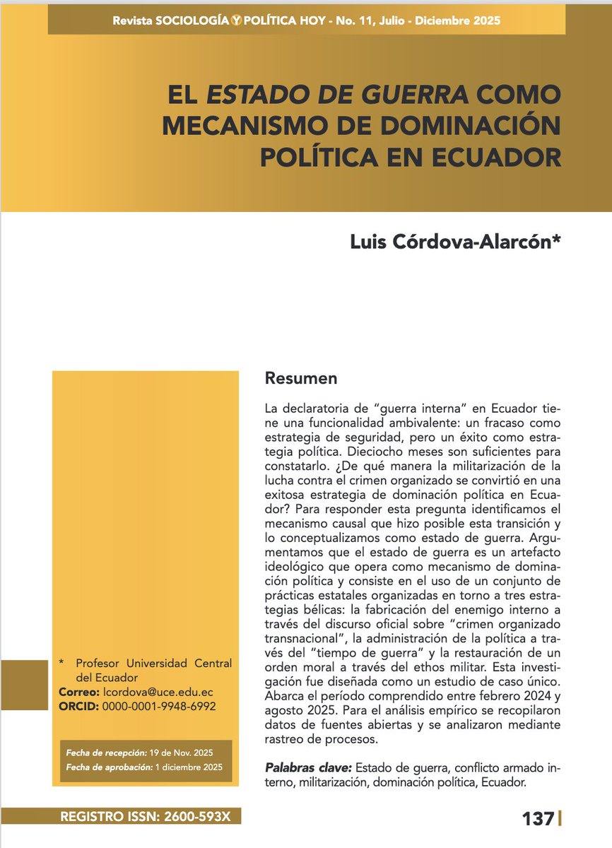 LuisCordovaAlar's tweet photo. A propósito del "nueva fase" de la guerra interna y otros cuentos más, les invito a leer mi análisis titulado 
«El Estado de Guerra como mecanismo de dominación política en Ecuador». 

https://t.co/SuUCAK7ImE https://t.co/uTAi2foDT7