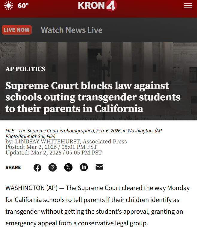 Listening to the national media say how LiBeRAL California and SF is, while watching; conservative lobbyists take over SF, a billionaire mayor institute mandatory abstinence-only drug treatment, a governor vow to veto a tax on billionaires, and this shit from the supreme court: