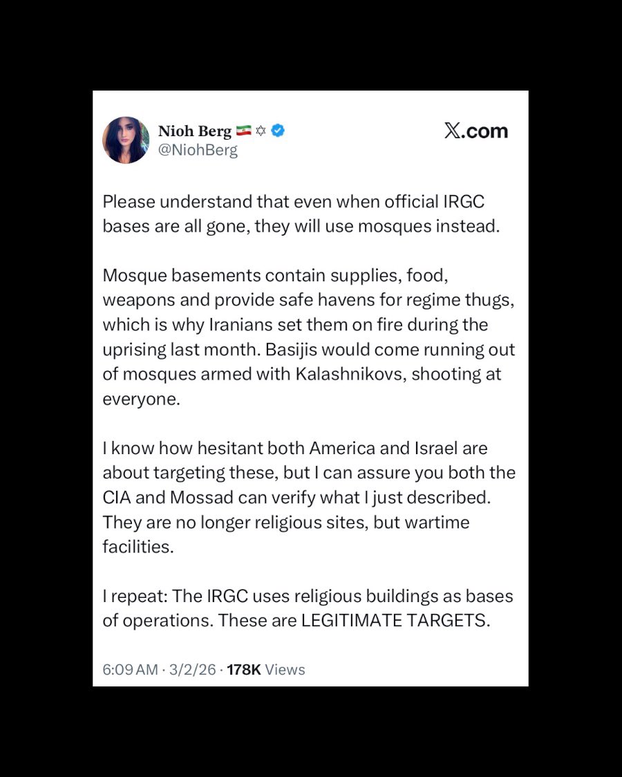 This deeply unwell woman — who sadly is often retweeted by prominent Israelis, pro-Israel figures in the US, and conservatives — does not give a damn about the chaos she causes.

Mosques do indeed function as Basij and IRGC nodes and symbols of regime control.

That’s why I have