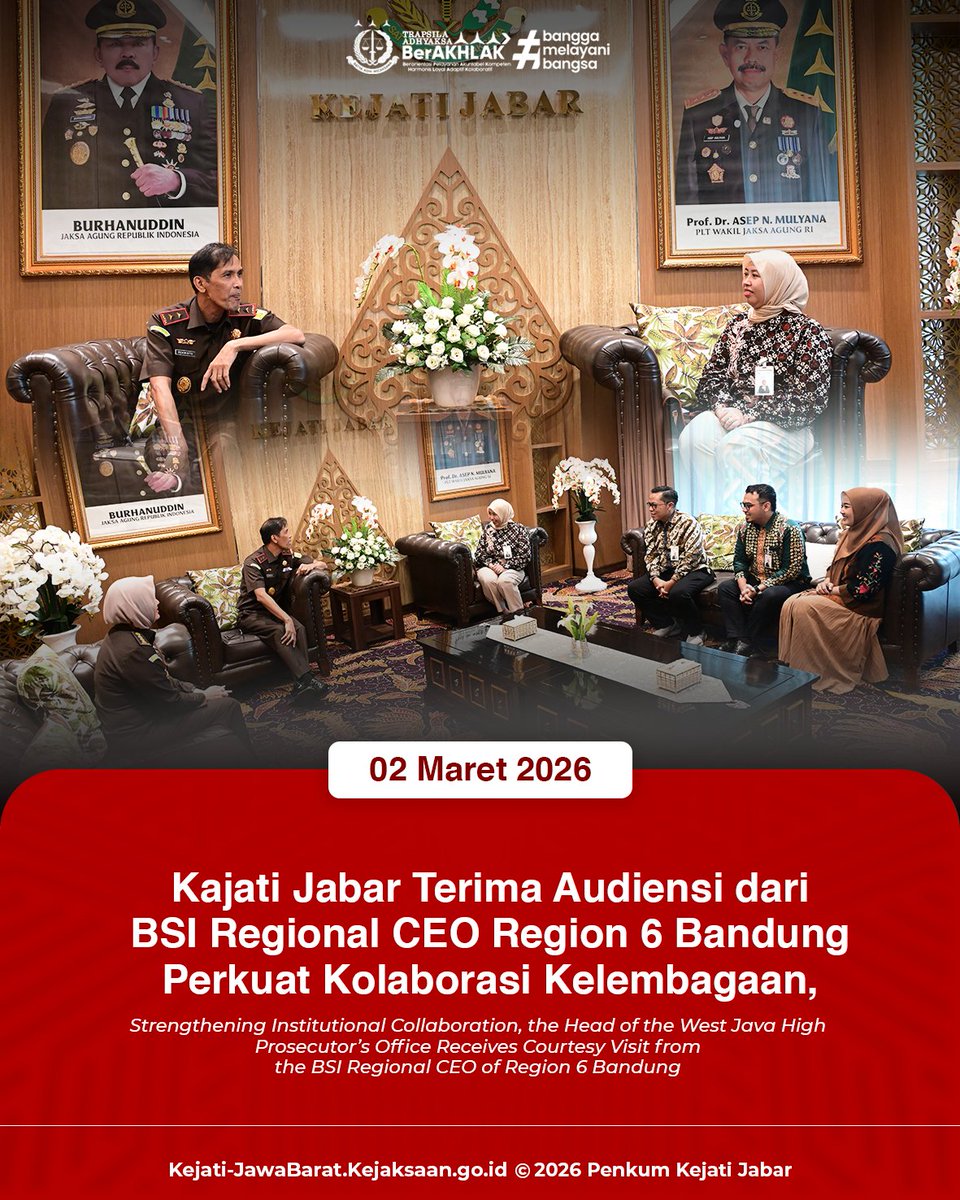 kejati_jabar's tweet image. Kajati Jabar Dr. Hermon Dekristo, S.H., M.H. menerima kunjungan dari BSI Regional CEO Region 6 Bandung beserta jajaran (Senin 02/03/2026).

#kejatijabar #audiensi #bsi