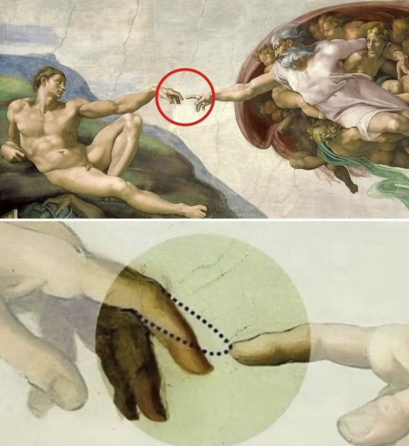En La creación de Adán de Miguel Ángel, el dedo de Dios se extiende completamente hacia afuera, mientras que el de Adán está doblado en la última articulación. 
Esto ilustra que Dios siempre está presente, pero que corresponde a los humanos tomar la iniciativa para conectar con