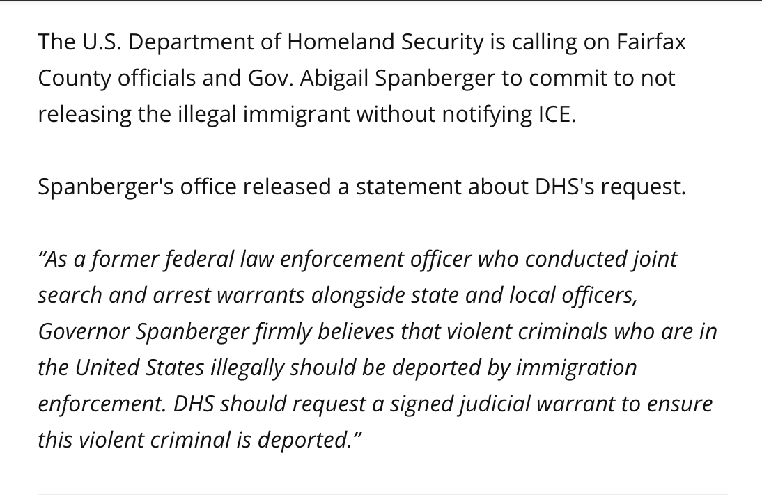 Abigail Spanberger's office has released a statement saying they STILL will not honor an ICE detainer against the illegal alien with 30 prior arrests who murdered 41-year-old Stephanie Minter in Fairfax last week.

Instead, they demand that ICE receive a signed judicial warrant