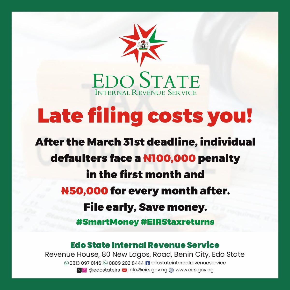 edostateirs's tweet photo. You can file your Individual Tax Returns today and avoid the penalties. 
The deadline remains 30th March https://t.co/CBkCp0GTsi