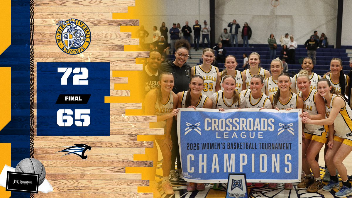 Cardiac Knights Get It Done!

Marian takes the lead in the final 90 seconds of the game, and brings home the Crossroads League Tournament Championship 72-65 against rival Saint Francis!

<a href="/MarianUnivWBB/">MarianWBB</a> <a href="/NAIAWomensHoops/">NAIA WBB Hoops Report</a> <a href="/Crossroads_NAIA/">Crossroads League</a>