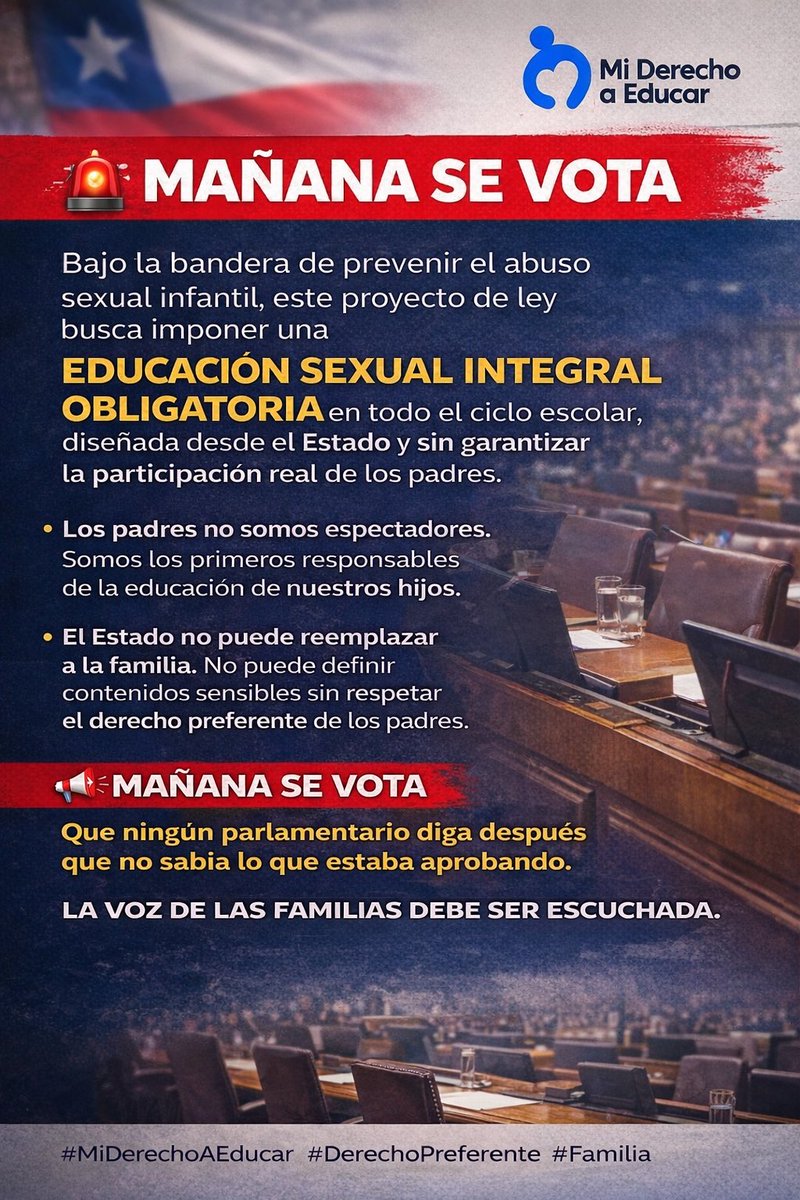 Mañana se vota la modificación a la Ley 20.418.

Bajo la máscara de prevenir el abuso sexual infantil, se busca imponer una Educación Sexual Integral obligatoria diseñada desde el Estado, sin participación real de los padres.

#MiDerechoAEducar #Ley20418