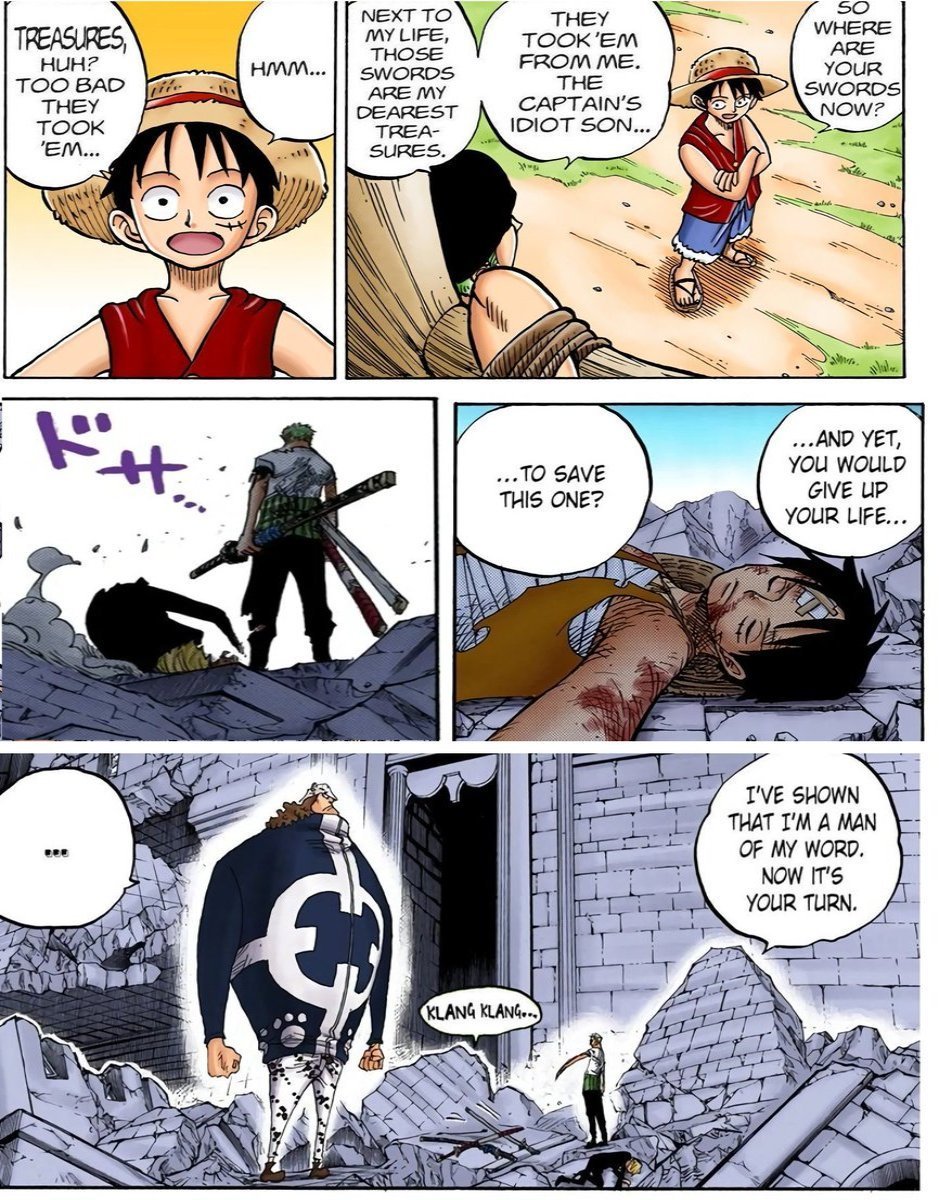 zoluloops's tweet photo. In the beginning zoro said that his life and his swords were his dearest treasures but he literally threw them BOTH away when he asked kuma to spare luffy and take him in luffy's place 🥺 https://t.co/GUn9EcKIhF
