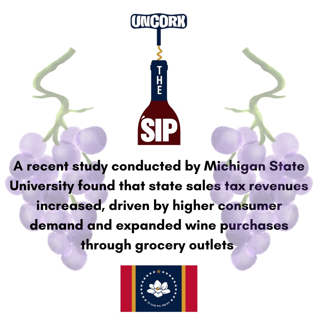 UncorkTheSip's tweet photo. A recent study conducted by Michigan State University found that state sales tax revenues increased, driven by higher consumer demand and expanded wine purchases through grocery outlets. #msleg #UncorkTheSip https://t.co/6wdsKSfj5s