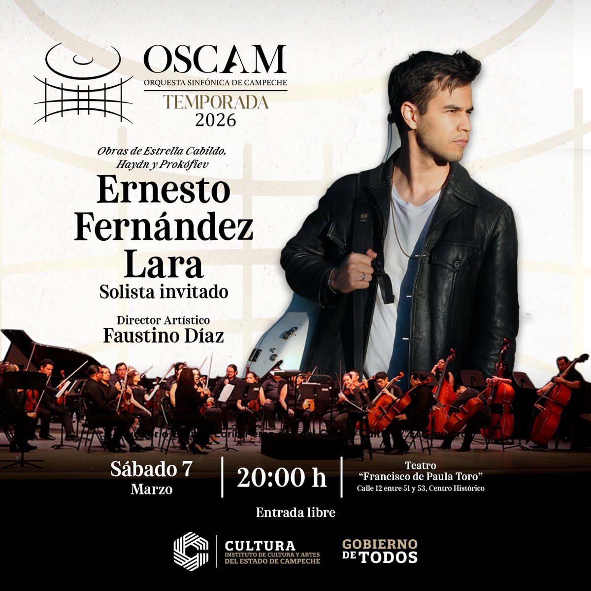 CulturaCampeche's tweet photo. La Temporada 2026 de la #OSCAM nos emociona. El próximo sábado 7 de marzo, Ernesto Lara solista invitado. Ha actuado en escenarios de Alemania, Grecia, Italia y China; ahora es turno de Campeche.
➡️La cita es a las 20:00 horas
Entrada libre. https://t.co/W2QC6MnIiG