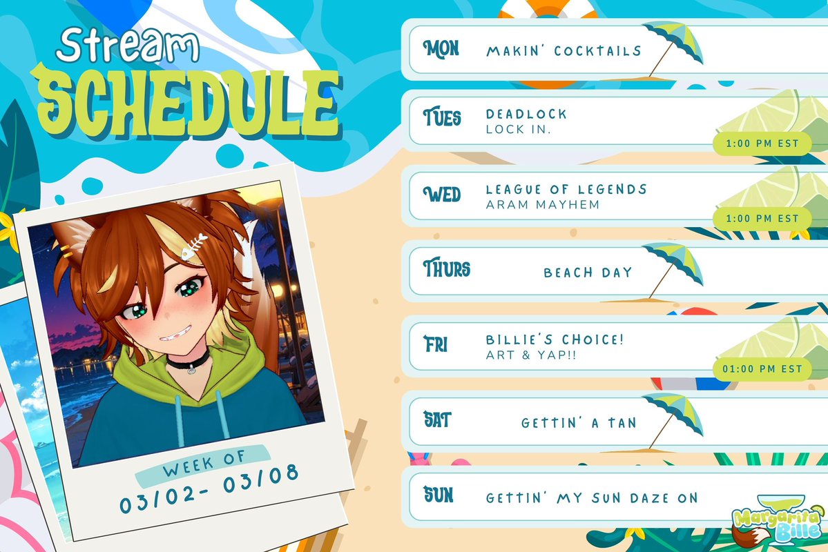 🦊🍋‍🟩 SCHEDULE FOR THE WEEK! 🍋‍🟩🦊

⋆｡𖦹 03/02-03/08 𖦹｡⋆

🍋‍🟩 TUES: Deadlock

🍋‍🟩 WED: League of Legends: ARAM Mayhem!

🍋‍🟩 FRI: Billie’s Choice! 

Come Hang Ten with me on Twitch!